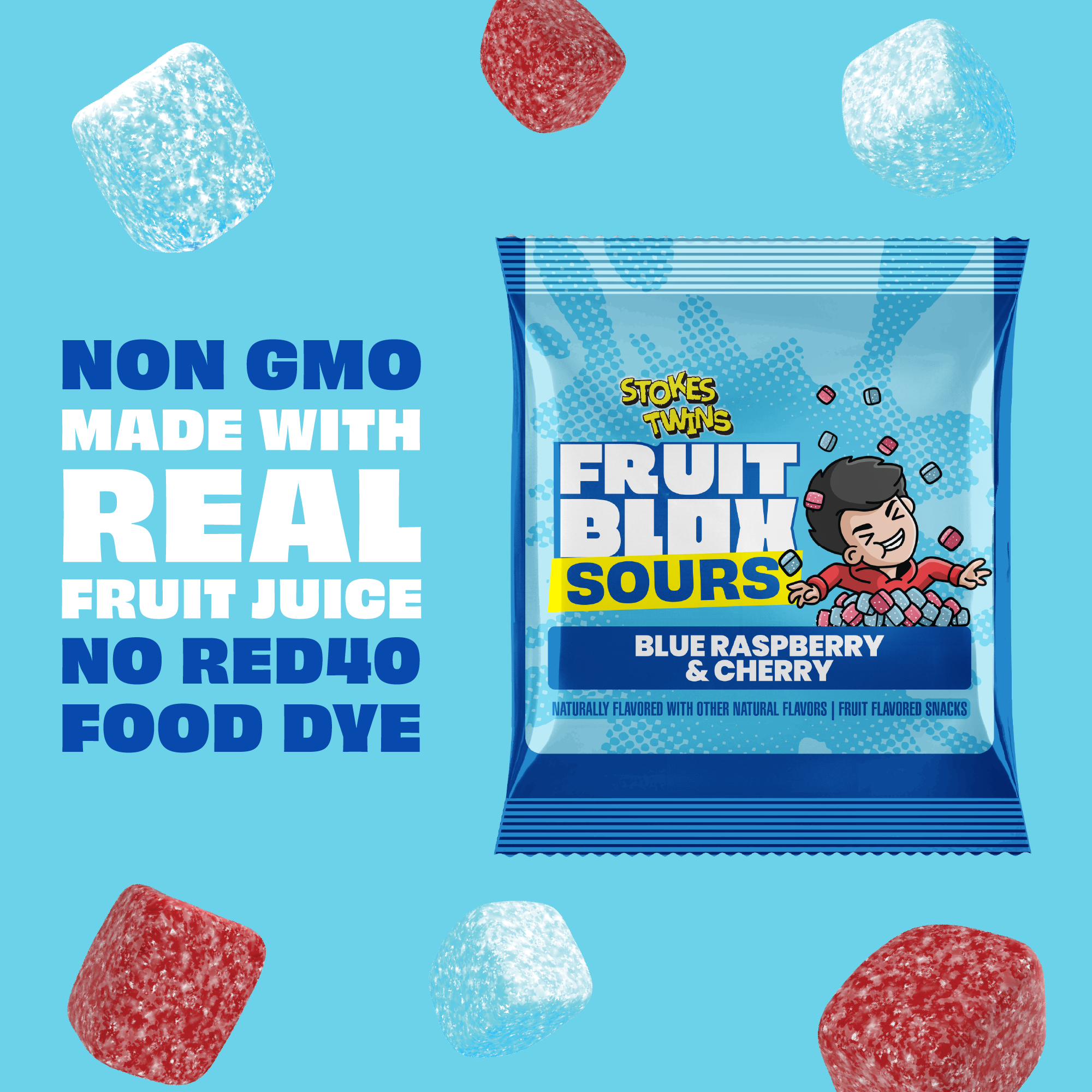 FruitBlox Sours Stokes Twins Blue Raspberry & Cherry Fruit Snacks, 132 Count